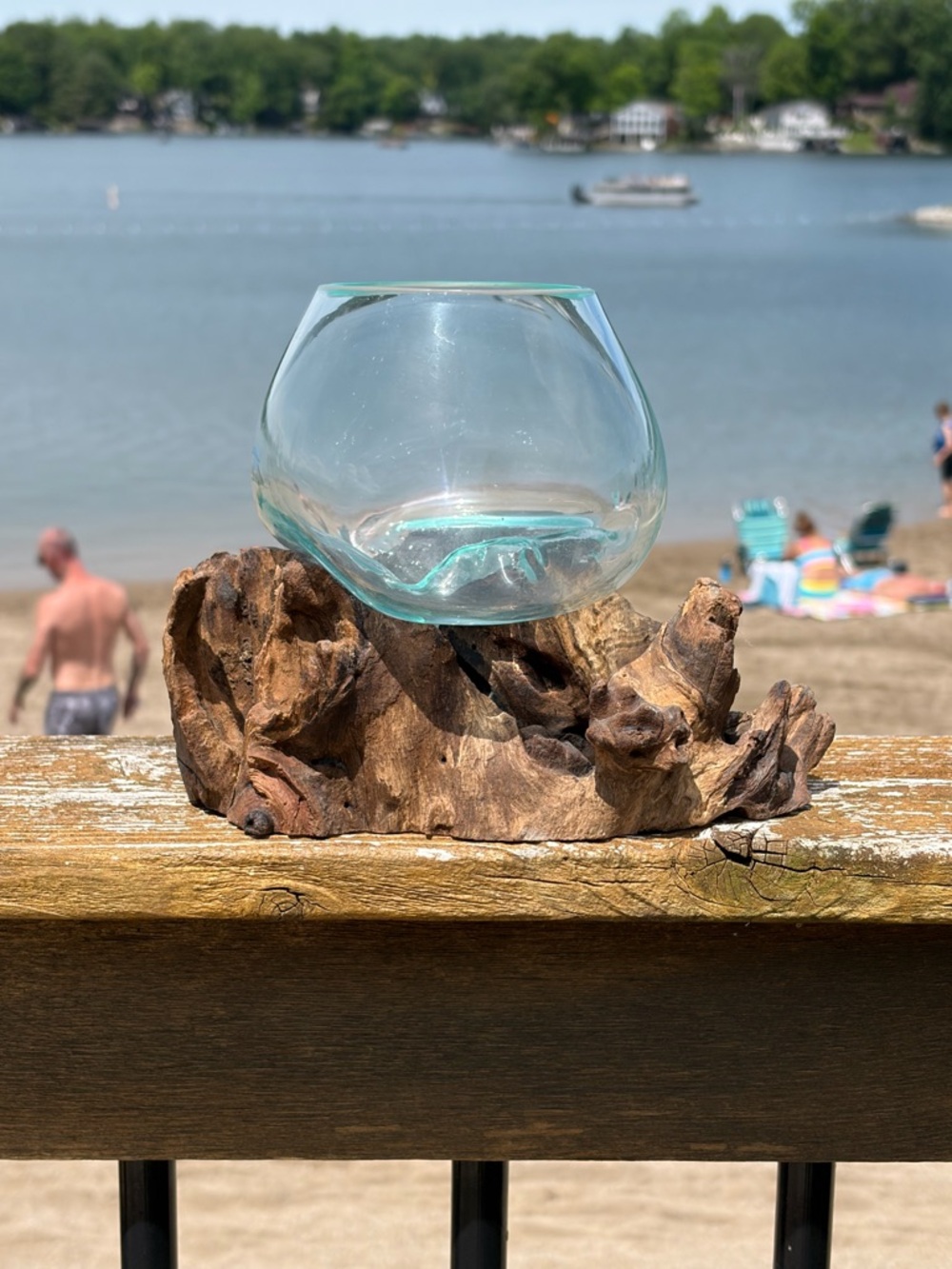 Vtg Organic Modern Burl Wood & Hand Blown Glass Terrarium Bowl MCM Studio Decor - Picture 2 of 7
